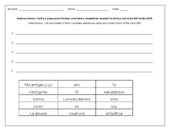 SER- Formar oraciones by Sarah Sanchez | Teachers Pay Teachers