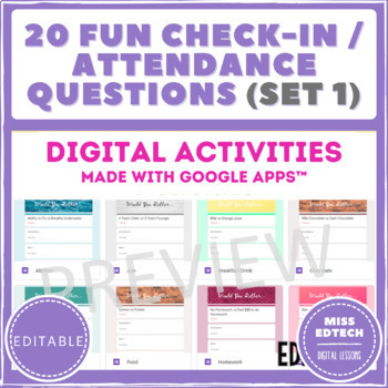 Preview of SET 1: 20 Check-in / Attendance Questions - Google Classroom - Distance Learning
