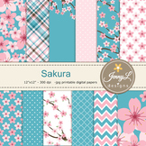 SET: Cherry Blossoms Digital Paper and Clipart, Sakura Flowers