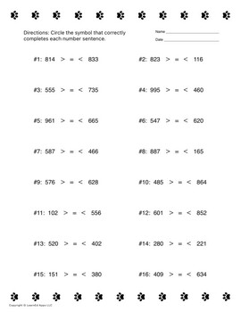 SET of 4: Greater/Less Than Comparisons w/ Numbers 100-1000. Paw Prints ...