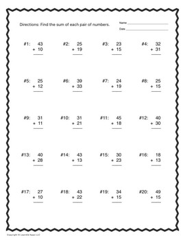 SET of 4 Handouts: Addition with Numbers 10-50. Fun Zig-Zag Border!
