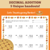 SET of 5 Handouts: Decimal Addition with Cute Thanksgiving