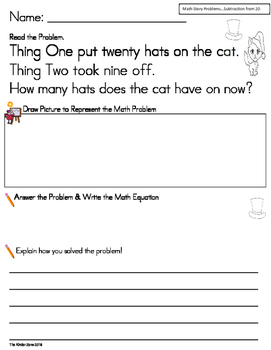 Preview of SEUSS SUBTRACTION MATH STORY PROBLEMS FROM 20 *READ.DRAW.ANSWER.EXPLAIN IT!