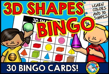 Preview of IDENTIFY SOLID 3D SHAPES RECOGNITION BINGO GAME | COLORS KINDERGARTEN ACTIVITY