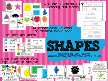 Preview of SHAPES - flashcards, wall display, big book, worksheets, word wall words