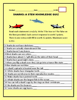 Preview of SHARKS: A STEM SCIENCE KNOWLEDGE QUIZ  GRS. 4-12, BIO, CAMP, & SHARK WEEK