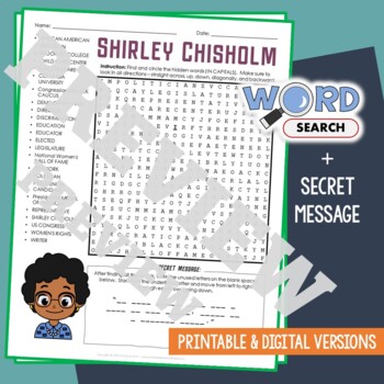 Preview of SHIRLEY CHISHOLM Word Search Puzzle Activity Vocabulary Worksheet Secret Message