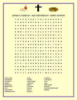 Preview of SHROVE TUESDAY/ ASH WEDNESDAY WORD SEARCH W/ FREE EXTENSION ACTIVITY