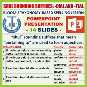 Preview of SHUL SOUNDING SUFFIXES -CIAL AND -TIAL - POWERPOINT PRESENTATION