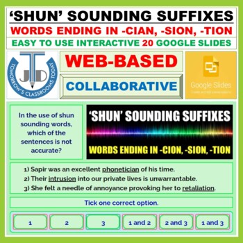 Preview of SHUN SOUNDING SUFFIXES - WORDS ENDING IN -CIAN, -SION, -TION: 20 GOOGLE SLIDES