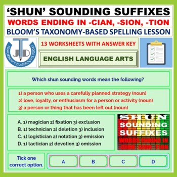 Preview of SHUN SOUNDING SUFFIXES - WORDS ENDING IN -CIAN, -SION, -TION: WORKSHEETS
