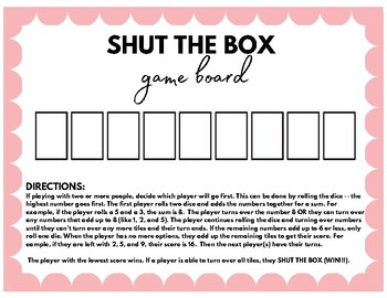 Square SHUT THE BOX GAME, For Educational Purpose