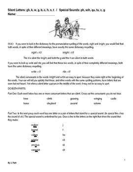 Preview of SILENT LETTERS (k,w, gh, b, n, t, h) & SPECIAL SOUNDS (ph,sch, qu, tu) WORKSHEET