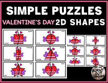 Preview of SIMPLE 2 piece SHAPE PUZZLES matching task sensory shapes VALENTINE'S LOVE BUGS