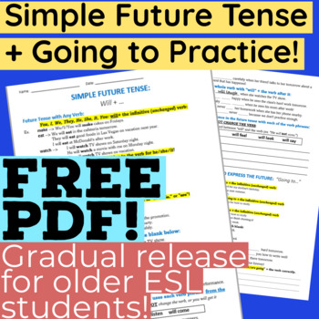 Preview of SIMPLE FUTURE TENSE Practice FREE for Older ELLs! Gradual release, PDF form.