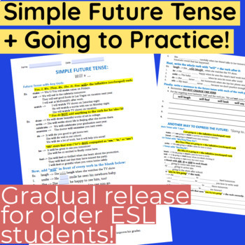 Preview of SIMPLE FUTURE TENSE Practice for Older ELLs! Gradual release, w/ answer key!