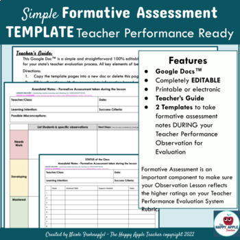 Preview of SIMPLE Formative Assessment Documentation - Teacher Performance Evaluation G Doc