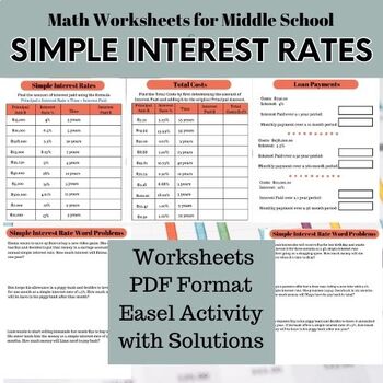 Preview of SIMPLE INTEREST RATES - Middle School Math Financial Literacy Worksheets