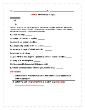 Preview of SIMPLE MACHINES:A QUIZ  GRADES 4-8