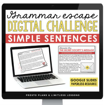 Preview of Simple Sentence Type Grammar Digital Escape Room Activity, Slides, and Quiz