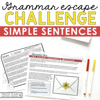 Preview of Simple Sentence Type Grammar Activity Escape Room Challenge, Slides, and Quiz