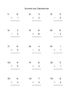 Preview of SINGLE DIGIT ADDITION AND SUBTRACTION WORKSHEET #1