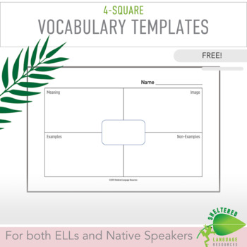 FREE Sheltered Instruction 4 Square Vocabulary Templates TPT