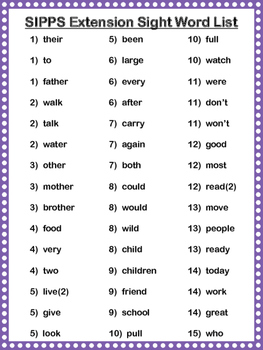 Preview of SIPPS Extensions Sight Word List In Order By Lessons