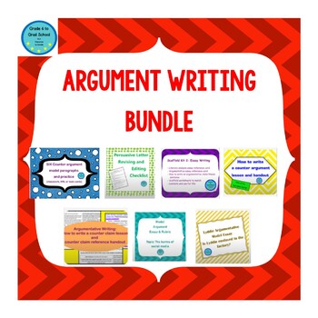 Preview of Argument writing bundle- model essay, counter claim task cards, how to write