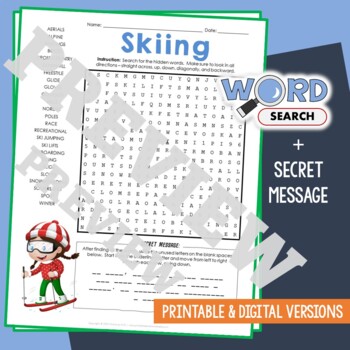 Preview of SKIING Word Search Puzzle Activity Vocabulary Worksheet Secret Message