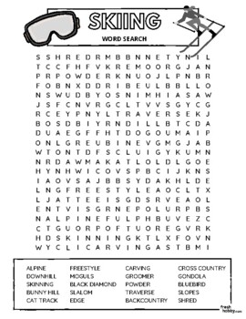 SKIING Word Search Puzzle Intermediate Difficulty (Skiing Terminology)