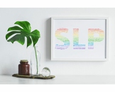 SLP Scope of Practice Word Cloud Poster: Rainbow on White