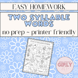 SLP Two Syllable Words Chart, 2 Syllable Words Activity, N