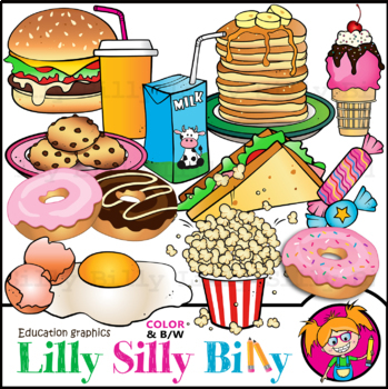 Preview of SNACKS - B/W & Color clipart illustration {Lilly Silly Billy}
