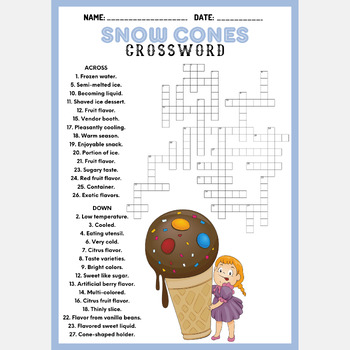 SNOW CONES crossword puzzle worksheet activity by Mind Games Studio