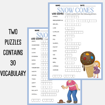 SNOW CONES word scramble puzzle worksheet activity by Mind Games Studio