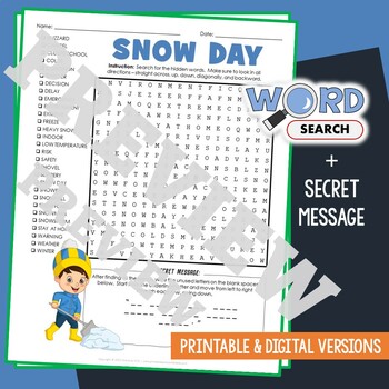 Preview of SNOW DAY Word Search Puzzle Activity Vocabulary Worksheet With Secret Message