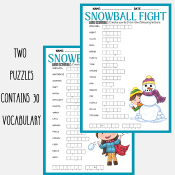 SNOWBALL FIGHT AT WINTER word scramble puzzle worksheet activity