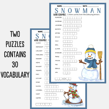 SNOWMAN THEMED word scramble puzzle worksheet activity by Mind Games Studio