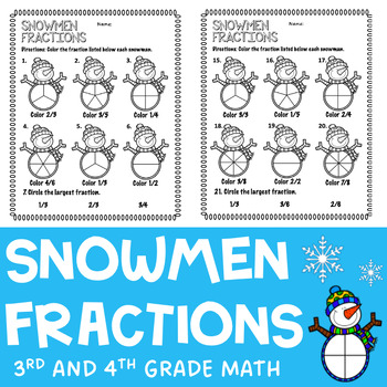 SNOWMEN FRACTIONS Winter Math 3rd and 4th Grade Worksheets Snow