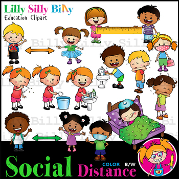 Preview of SOCIAL DISTANCE - B/W & Color clipart, {Lilly Silly Billy}