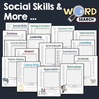 Preview of SOCIAL / LIFE SKILLS EMOTIONS KINDNESS CHARACTER TRAIT Word Search Puzzle Bundle