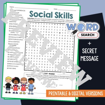 Preview of SOCIAL SKILLS Word Search Puzzle Activity Vocabulary Worksheet Secret Message