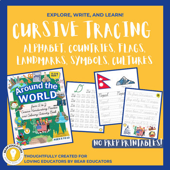Preview of SOCIAL STUDIES ACTIVITY PACK + A to Z Cursive Handwriting, Countries Fun Facts!