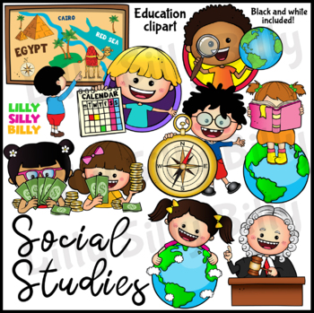 Preview of SOCIAL STUDIES. Clipart in Color & Black/white. {Lilly Silly Billy}