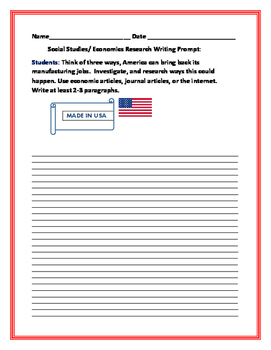 Preview of SOCIAL STUDIES/ECONOMICS WRITING RESEARCH PROMPT: AMERICAN JOBS