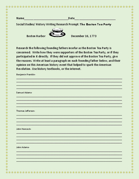 Preview of SOCIAL STUDIES/ HISTORY WRITING RESEARCH PROMPT: THE BOSTON TEA PARTY