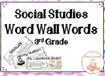 Preview of SOCIAL STUDIES WORD WALL | Vocab Words THIRD Grade - FULL YEAR | Watercolor