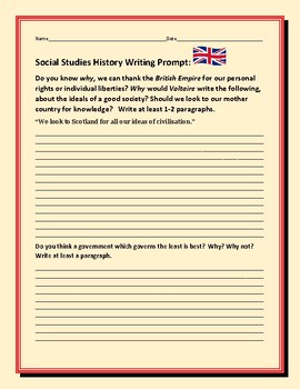 Preview of SOCIAL STUDIES WRITING PROMPT: BRITISH EMPIRE/ FREEDOM