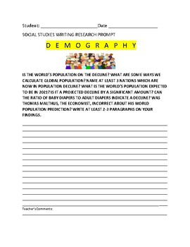 Preview of SOCIAL STUDIES WRITING RESEARCH PROMPT: DEMOGRAPHY/ GRS. 7-12